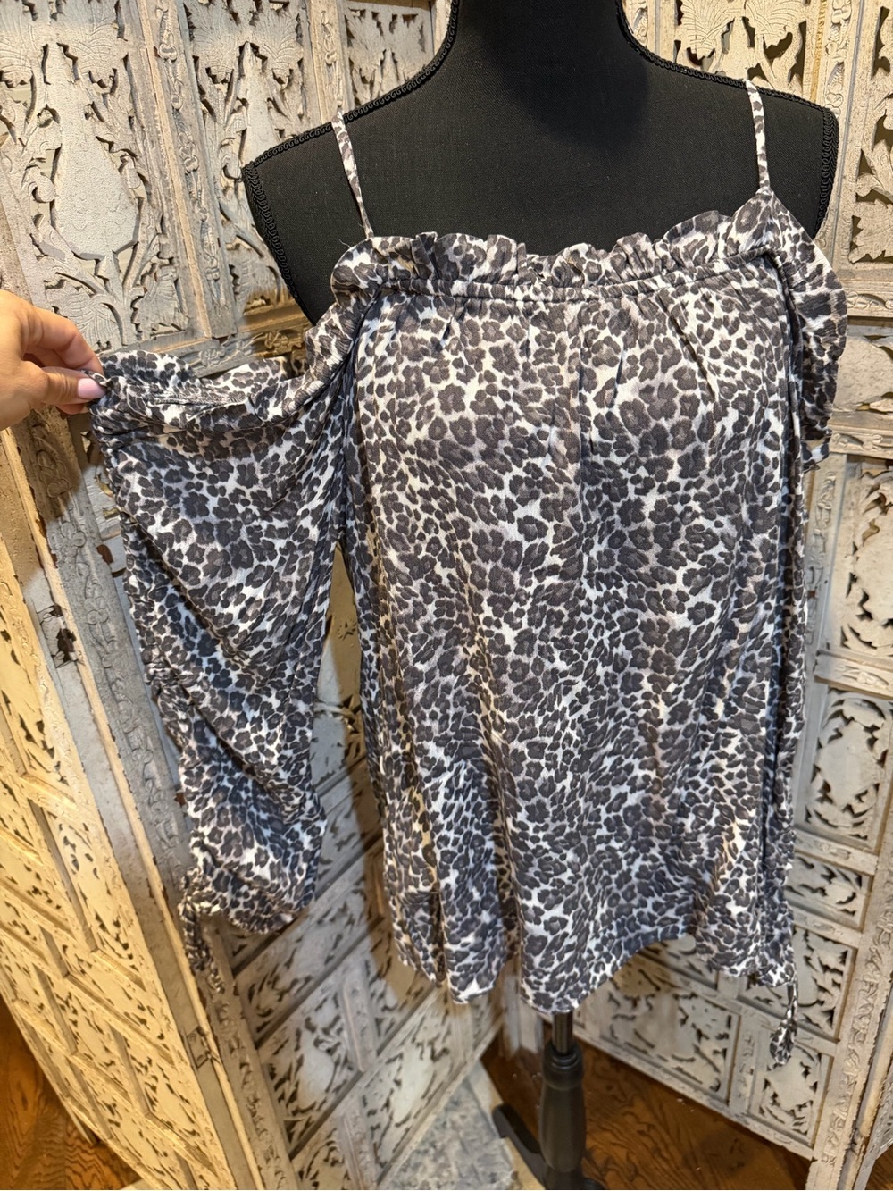 Daytrip Gray Leopard Print Off the Shoulder Flowy blouse